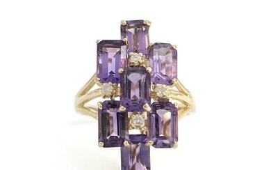 Amethyst Diamond Cluster Purple Gemstone Cocktail Ring 14K Yellow Gold, 4.51 Gr