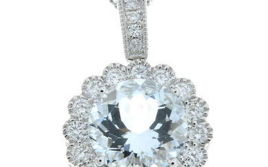 An 18ct gold aquamarine and brilliant-cut diamond cluster pendant, with chain.