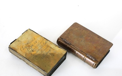 An 18th century brass box in the form of a book, the cover i...