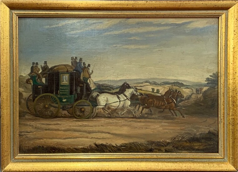 An 18th century, later gilt framed, oil on wooden panel of a mail coach and horses, frame size 42 x 32cm.