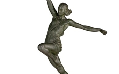 An Art Deco patinated spelter woman with a javelin by Pierre le Faguays (1892-1962), ca....