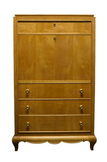 An Art Deco style satin birch secretaire, in the manner of René Prou, Late 20th Century, With an arrangement of four drawers and fall enclosing shelves, pigeon holes and two drawers, raised on curved tapered feet, 137cm high, 80cm wide, 40cm deep