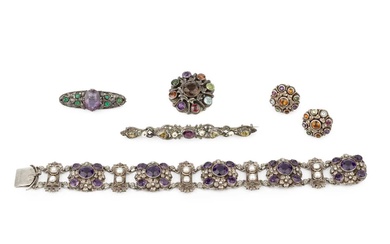 An Arts & Crafts design amethyst and pearl set bracelet,...