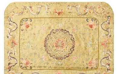 An Chinese apricot yellow-ground embroidered 'floral' seat cover, 19th century