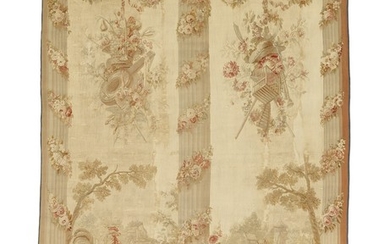 An antique French Aubusson tapestry. Motif depicting fluted columns, festoons, hanging flower baskets and animal motifs. Executed with wool and silk.