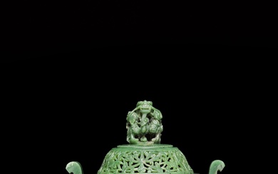 An archaistic spinach-green jade 'dragon' incense burner and cover, Qing dynasty, 18th century | 清十八世紀 碧玉仿古饕餮紋盤龍紐蓋爐
