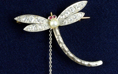 An early 20th century silver and gold, seed pearl, ruby and old-cut diamond dragonfly brooch.