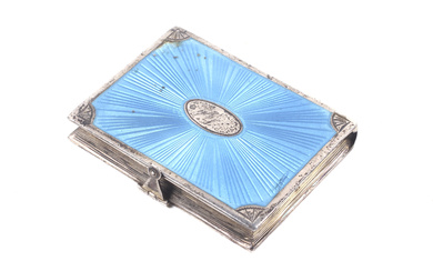 An early 20th century silver and pale-blue guilloche enamelled book-shaped pocket pill box or snuff
