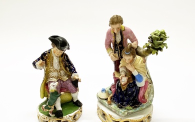 An early Bloor Derby porcelain figure of a boy with a performing dog together with Bloor Derby figure of a young man combing a lady's hair.