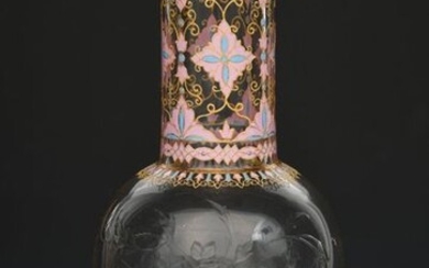 An enamelled and cut glass vase attributed to Phillipe-Joseph Brocade, ovoid with cylindrical neck, the body cut and polished with a Chinese dragon and scrolling flower spray, the neck and foot enamelled with foliate panels in pink and turquoise...