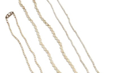 An opal necklace and two seed pearl necklaces, the opal necklace designed as a graduating row of opal beads with rock crystal spacers, 46cm long, the seed pearl necklaces also of graduating design, one with diamond and synthetic ruby clasp, 45.5cm...