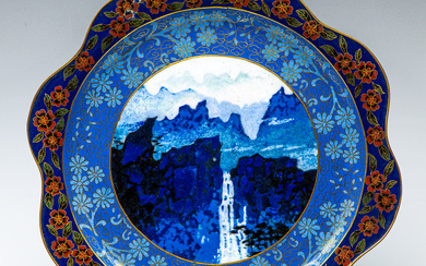 An unusual vintage cloisonne flower shaped plate with central mountain...