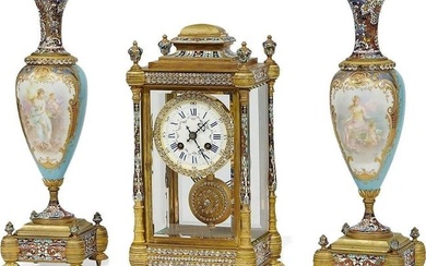 Antique 1889 Samuel Marti & Cie French Bronze and Porcelain three-piece Clock Garniture