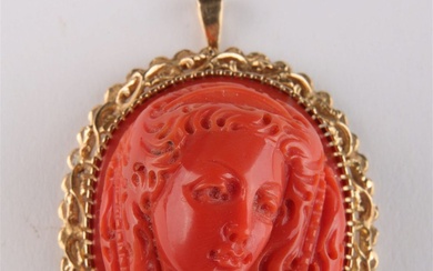 Antique 18K Gold Red Coral Carved Cameo Pendant