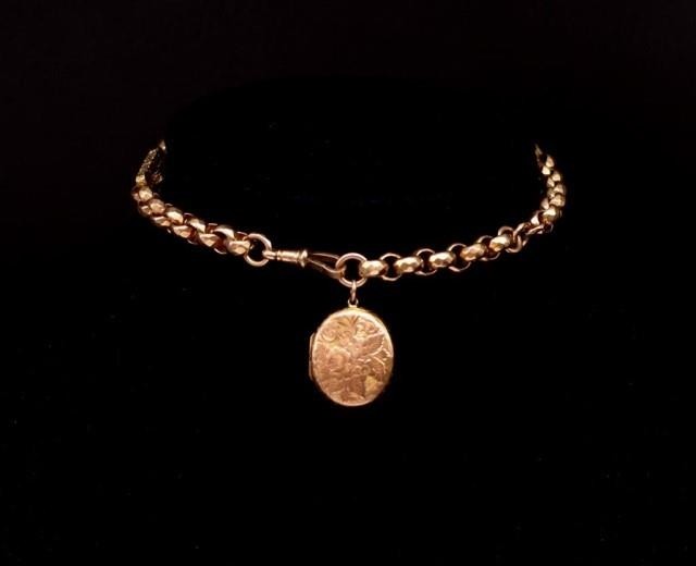Antique 9ct rose gold half Albert chain and locket with face...