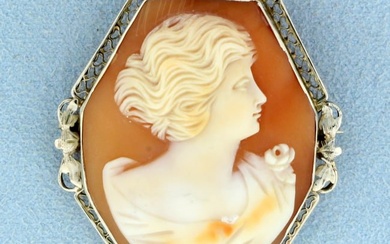 Antique Cameo Pendant or Pin in 14K White Gold
