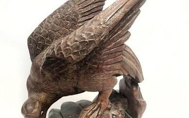 Antique Carved Wood Eagle Hunting Rabbit Sculpture. Bla