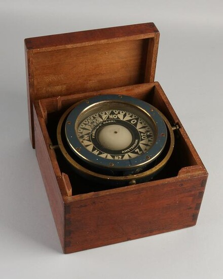Antique Dutch ship's compass in mahogany box.&#160 Firm