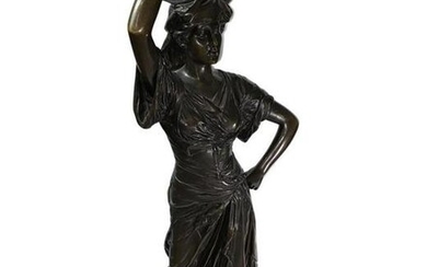 Antique Edouard Drouot (French, 1859-1945) Bronze Sculpture of Standing Woman with Holding Basket