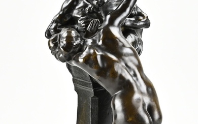 Antique French bronze figure by L. Gobert. Leon Gobert. 1869 - 1935. Satyr/satire on pedestal...