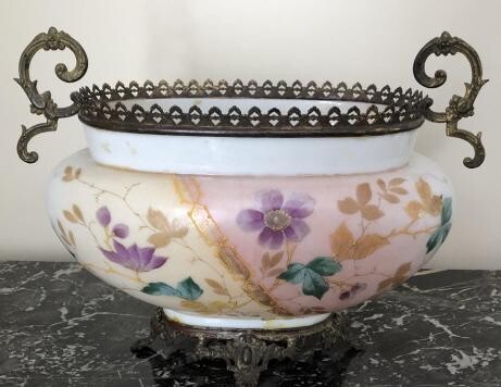 Antique Hand Painted Opalescent Glass Compote