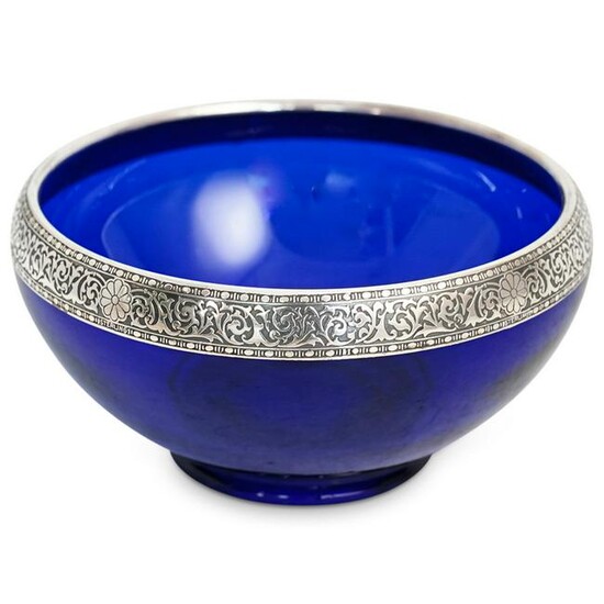 Antique Islamic Sterling and Cobalt Blue Glass Bowl