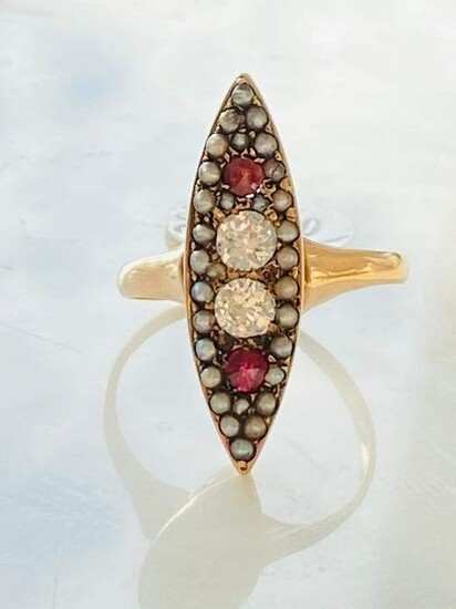 Antique Victorian Navette Ring with DiamondRuby & seed