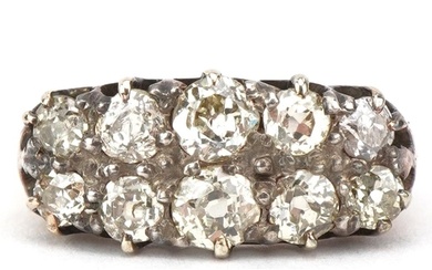 Antique unmarked gold diamond two row cluster ring, tests as...
