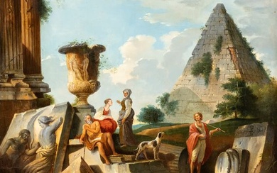 Giovanni Paolo Panini (Piacenza, 1691 - Roma, 1756) Follower of, Architectural Capriccio with figures and the Cestia pyramid