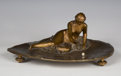 Arthur Gangand - an Art Nouveau patinated cast bronze figural dish, finely modelled with a maiden se