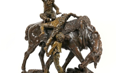 Arthur Jacques LEDUC (1848-1918) Enfants jouant sur un cheval harnaché Bronze à patine brune nuancée...