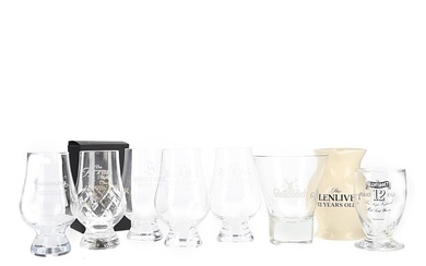 Assorted Whisky Glasses & Jug Springbank, Arran, Tomatin, Connemara, Glenfiddich, GLenlivet, Glenturret