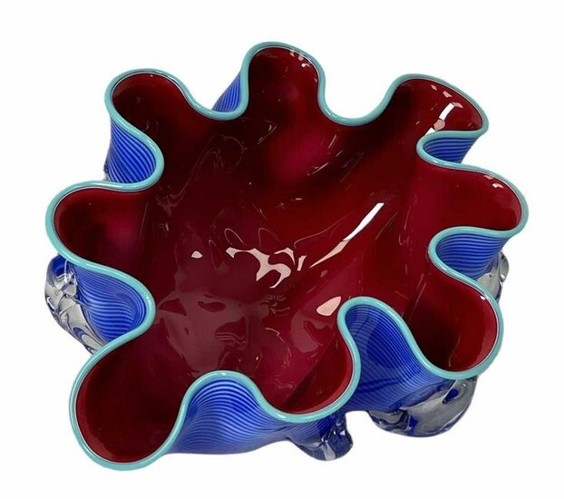 BLUE AND RED ART GLASS BLOWN BOWL