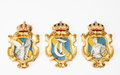 BOAT EMBLEMS, 3 pieces, for the armoured ships “HM Pansarcruiser Fylgia” (1905), “HM Pansaråt Valperheden” (1901) and “HM Pansaråt Man” (1903), cast and painted iron, decorated in relief.