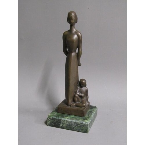 BRONZED STYLISED FIGURE OF MOTHER AND CHILD ON MARBLE BASE, ...