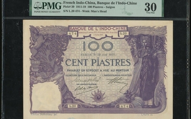 Banque De L'Indochine, 100 Piastres, 12.4.1919, serial number L.20 474, (Pick 39)