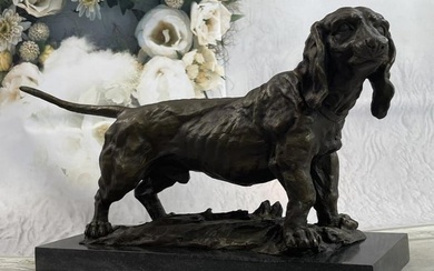 Basset Hound Dog Figure Art Deco Bronze Sculpture on Marble Base Figurine
