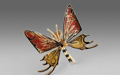 Bernard BUFFET et FRED Broche articulée "papillon" en or jaune et émaux plique à jour....