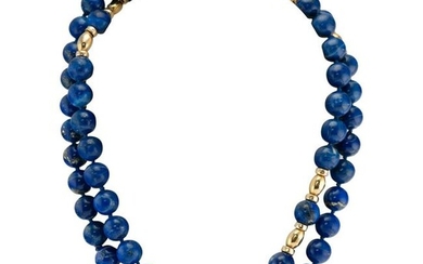 Blue Lapis Lazuli Beaded Necklace 14K Gold Vintage