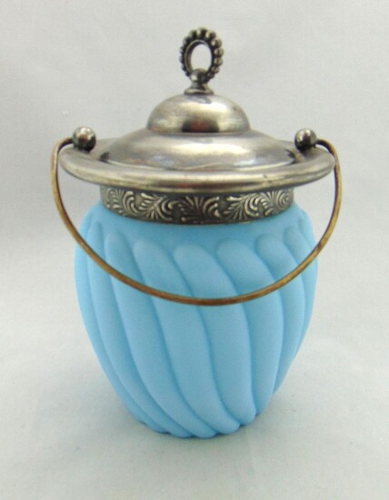 Blue satin glass cracker jar