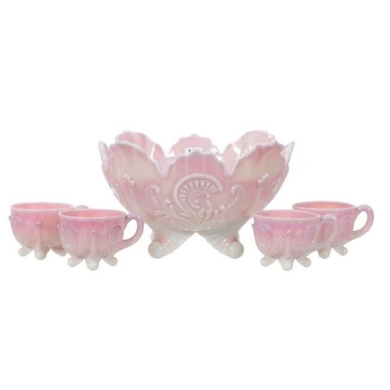 Bowl and (4) Punch Cups, Pink Slag Art Glass