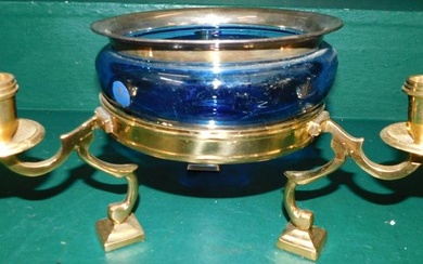 Brass 3 Candle Light Stand with Royal Copenhagen Cobalt Bowl