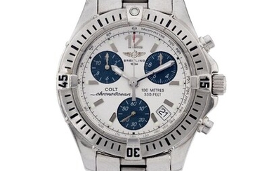 Breitling. A stainless steel quartz calendar Chronograph bracelet watch , Colt Chrono-ocean Ref A53350, with papers dated 2000 white panda dial with applied steel hour markers and luminous dots, blue subsidiary dials for 12 hour and 10 minute...