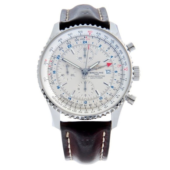 Breitling - a Navitimer World chronograph wrist watch. Stainless steel case and slide rule bezel.