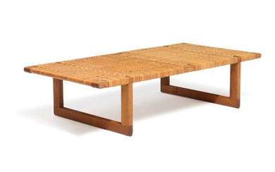 Børge Mogensen: An oak bench with runner legs, seat with woven cane. Made by cabinetmaker Erhard Rasmussen. H. 33. L. 138. W. 68 cm.