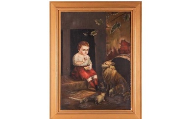 British School 19th Century, 'A young boy and his dog', unsigned, oil on canvas, image 49 cm x 69 cm