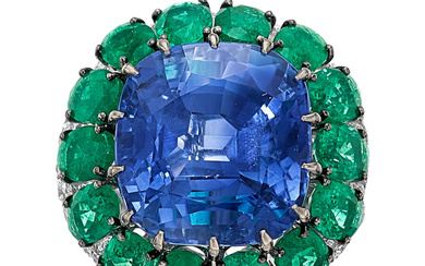Burma Sapphire, Emerald, White Gold Ring Stones: Cushion-shaped sapphire...