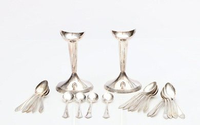CANDLESTICKS, A PAIR AND SPOONS, 17+4 PCS. It's silver. Weight about 430 grams.