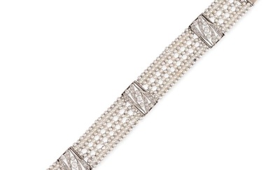 CARTIER, AN ANTIQUE FRENCH SEED PEARL AND DIAMOND BRACELET in 18ct gold, comprising a lattice of
