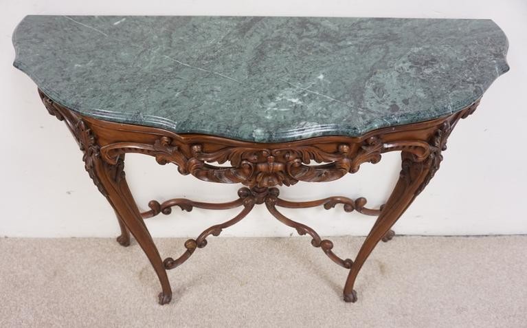 CARVED MAHOGANY DEMILUNE MARBLE TOP CONSOLE